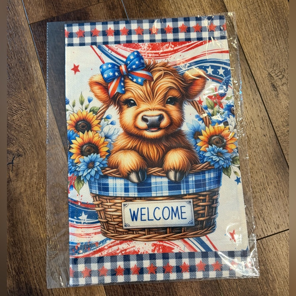NIP WELCOME  Burlap Garden Flag 12” x 18” HIGHLAND COW, BASKET, Florals